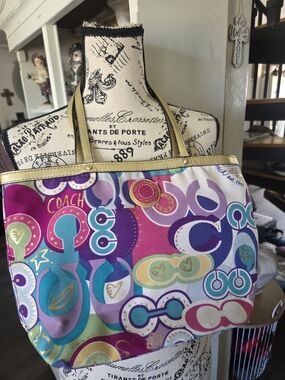 Coach Multicolor Signature Graphic Tote with Gold Trim